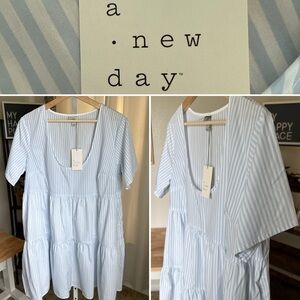 A New Day Womens L Mini Dress Cotton Blue White Stripe Short Sleeve NWT $25
